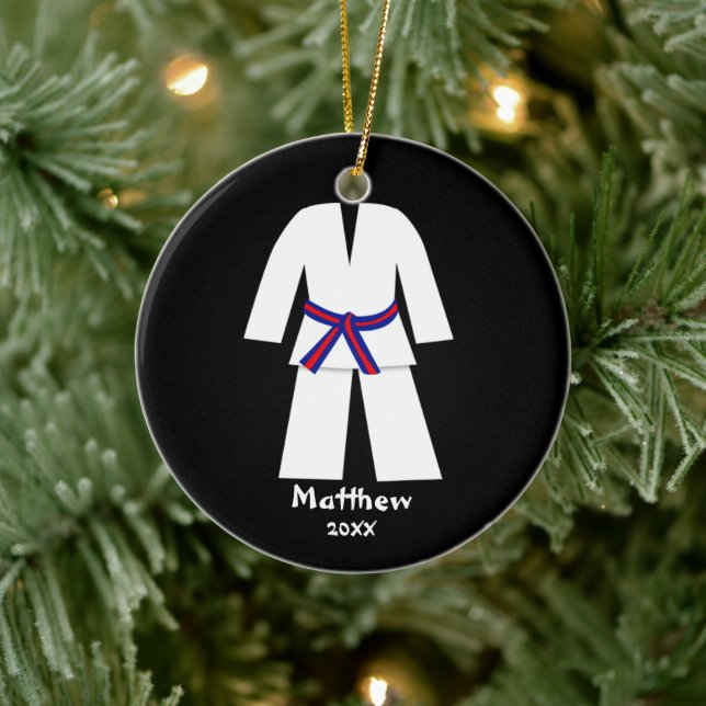Taekwondo Karate Blue Red Belt Personalised Ceramic Ornament (Tree)