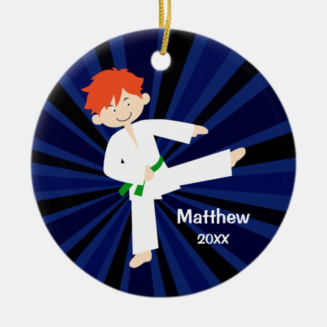 Taekwondo Karate Green Belt Red Boy Personalised Ceramic Tree Decoration (Front)