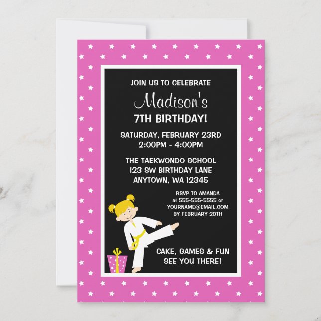 Taekwondo Karate Pink Stars Blonde Girl Birthday Invitation (Front)