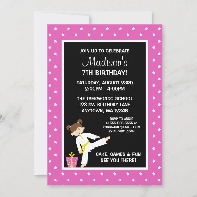 Taekwondo Karate Pink Stars Girl Birthday Invitation (Front)