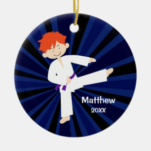 Taekwondo Karate Purple Belt Red Boy Personalised Ceramic Tree Decoration