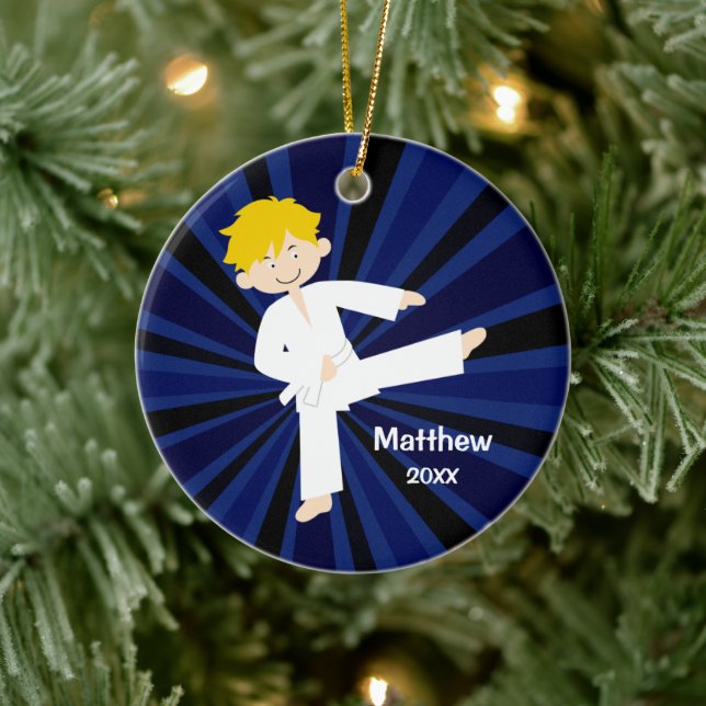 Taekwondo Karate White Belt Boy Personalised Ceramic Ornament (Tree)