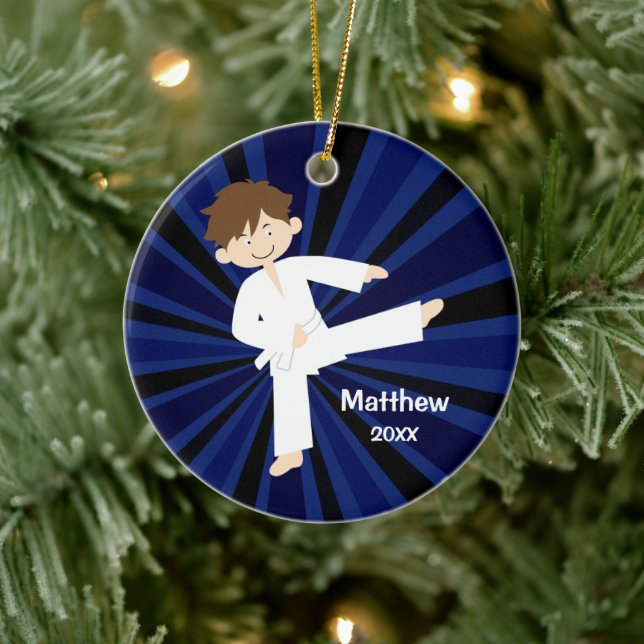 Taekwondo Karate White Belt Boy Personalised Ceramic Ornament (Tree)
