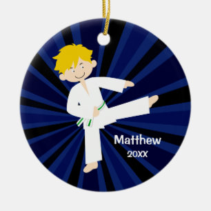 Taekwondo Karate White Green Belt Boy Personalised Ceramic Tree Decoration