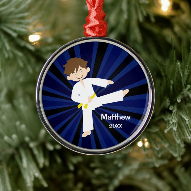 Taekwondo Karate Yellow Belt Boy Personalised Metal Ornament (Tree)