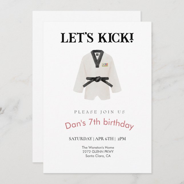 Taekwondo martial arts birthday invitation (Front/Back)