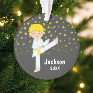 Taekwondo Yellow Belt Blonde Boy Personalised Ornament
