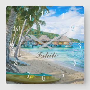 TAHITI CLOCK.  BEAUTIFUL TAHITI PARADISE BEACH on Square Wall Clock