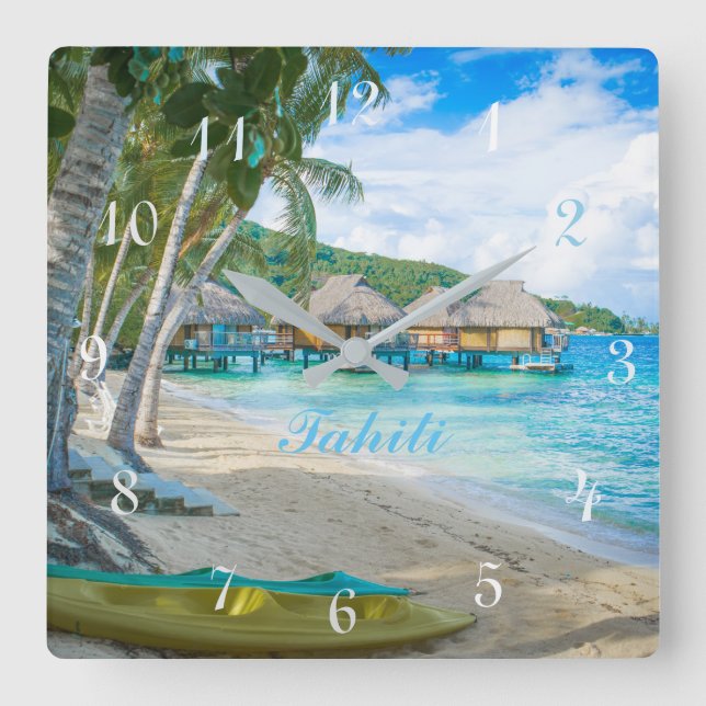 TAHITI CLOCK.  BEAUTIFUL TAHITI PARADISE BEACH SQUARE WALL CLOCK (Front)