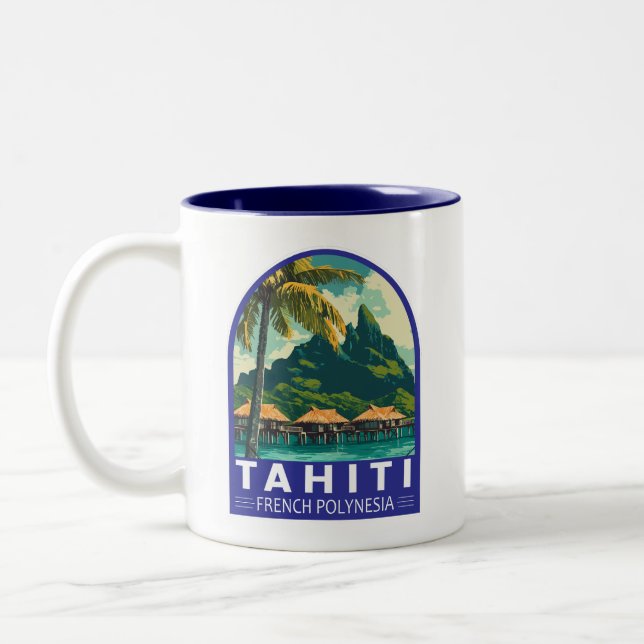 Tahiti French Polynesia Travel Art Emblem Two-Tone Coffee Mug (Left)