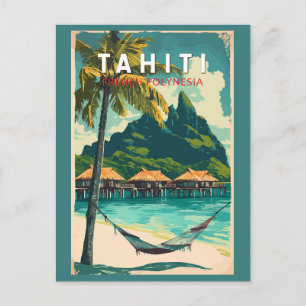 Tahiti Illustration Travel Art Vintage Postcard