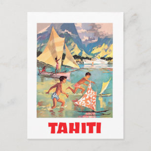 Tahiti, kids are playing with boat toys in water postcard