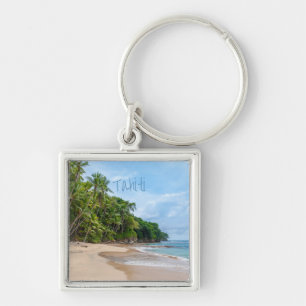 Tahiti Sand Beach Blue Sky Palm Trees Key Ring