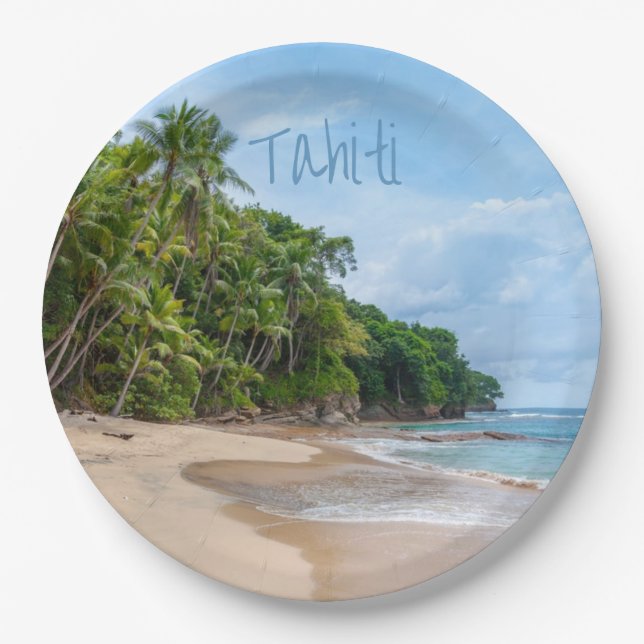 Tahiti Sand Beach Blue Sky Palm Trees Paper Plate (Front)