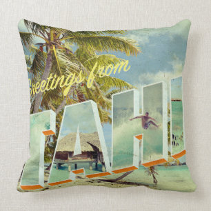 Tahiti vintage photo postcard cushion