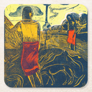 Tahitian Women and Dog, Gauguin Square Paper Coaster