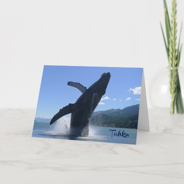 “Tahku” - breaching humpback whale statue - card   (Front)