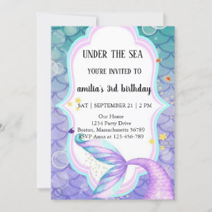 tail of mermaid purple and blue birthday  invitation