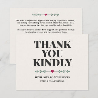 Tailored Parent's Custom Wedding Thank You  Card