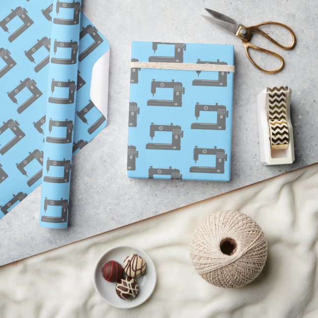 Tailor's Sewing Machine Elegant Pattern Grey Blue Wrapping Paper (Crafts)