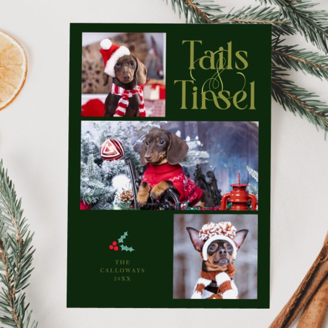 Tails & Tinsel Dog Photo Green Christmas Holiday Card (Creator Uploaded)