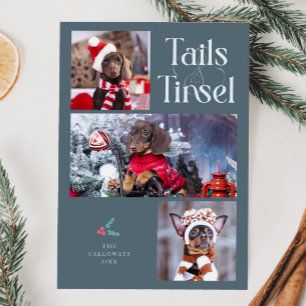 Tails & Tinsel Dog Photo Slate Blue Christmas Holiday Card