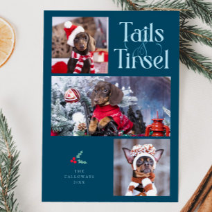 Tails & Tinsel Dog Photo Teal Christmas Holiday Card
