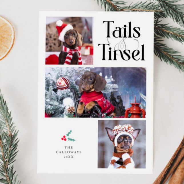 Tails & Tinsel Dog Photo White Christmas Holiday Card (Creator Uploaded)