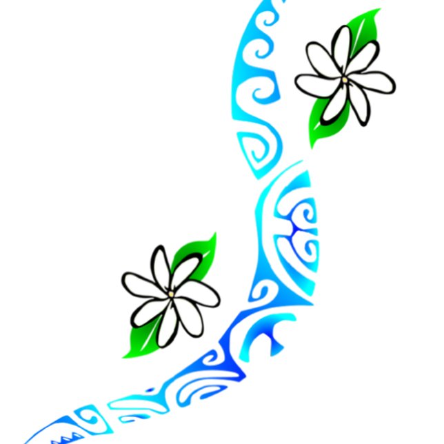 TAITIARE (Blue) Cushion (Fleurs de Tiaré avec motifs polynésiens "marquisiens". )