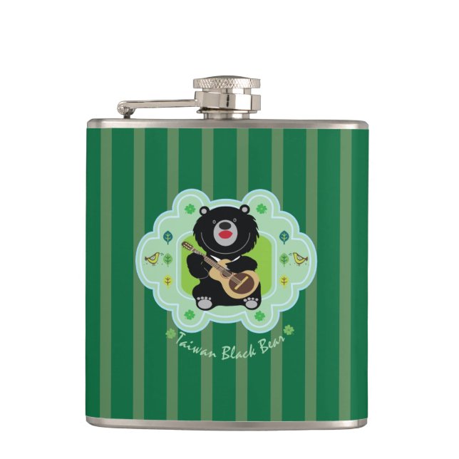 Taiwan black bear plays guitar illustration hip flask (Front)