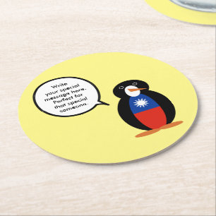 Taiwanese Flag or Chinese Talking Mr. Penguin Round Paper Coaster
