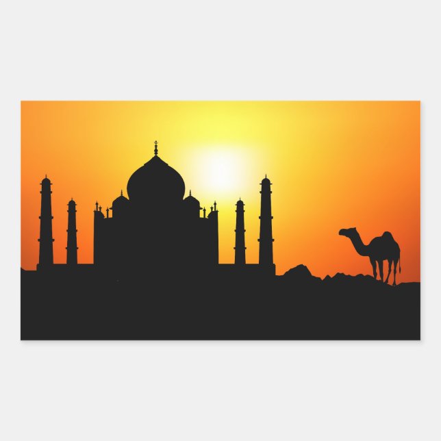 Taj Mahal & Camel On Sunset Background Rectangular Sticker (Front)