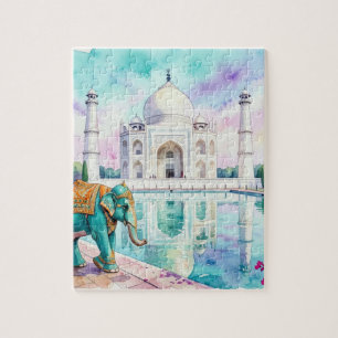 Taj Mahal & Elephant Watercolor Jigsaw Puzzle