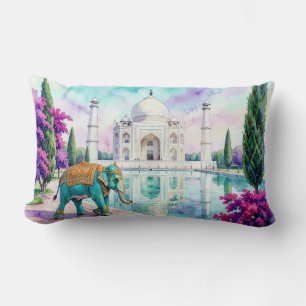 Taj Mahal & Elephant Watercolor Lumbar Cushion