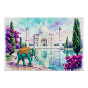 Taj Mahal & Elephant Watercolor Poster
