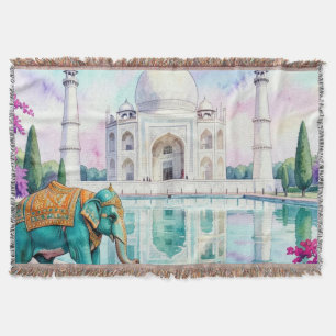 Taj Mahal & Elephant Watercolor Throw Blanket