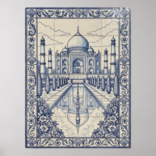 Taj Mahal India Blue Portuguese Azulejo Art Poster
