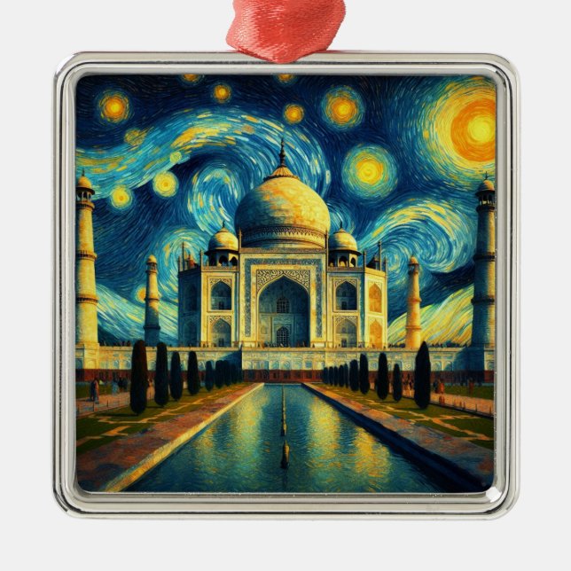 Taj Mahal India Starry Night Metal Ornament (Front)