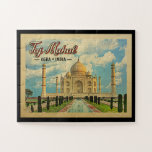 Taj Mahal Vintage Travel India Jigsaw Puzzle<br><div class="desc">A wonderful neo vintage design featuring the Taj Mahal under blue sky in Agra,  India.</div>