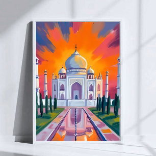 Taj Mahal Watercolor Sunset India Travel Poster