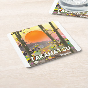 Takamatsu japan travel poster square paper coaster