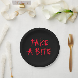 Take a bite red blood text funny Halloween party Paper Plate