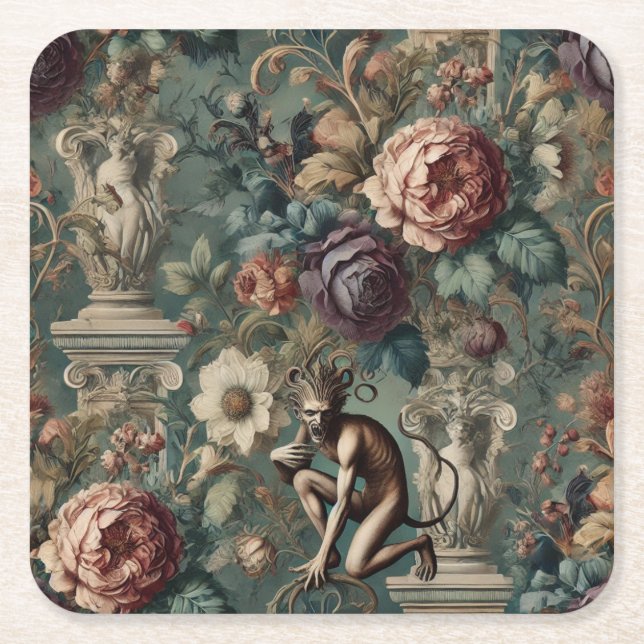 Take a Bow – Gothic Floral Design Square Paper Coaster (Front)