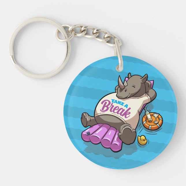 Take A Break Funny Relaxed Rhino Poolside Cartoon Key Ring (Front)