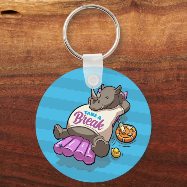 Take A Break Funny Relaxed Rhino Poolside Cartoon Key Ring (Front)