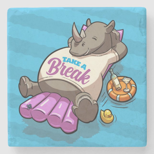 Take A Break Funny Relaxed Rhino Poolside Cartoon Stone Coaster (Front)