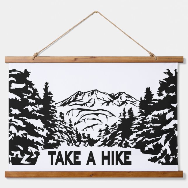 Take a Hike quote monochrome mountain landscape Hanging Tapestry (Front)
