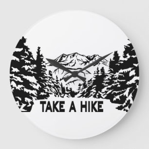 Take a Hike quote monochrome mountain landscape Large Clock