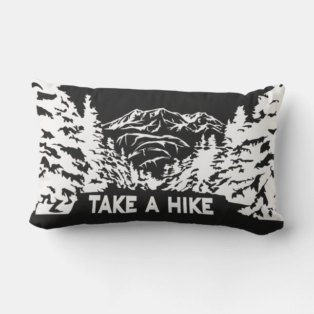 Take a Hike quote monochrome mountain landscape Lumbar Cushion (Back)