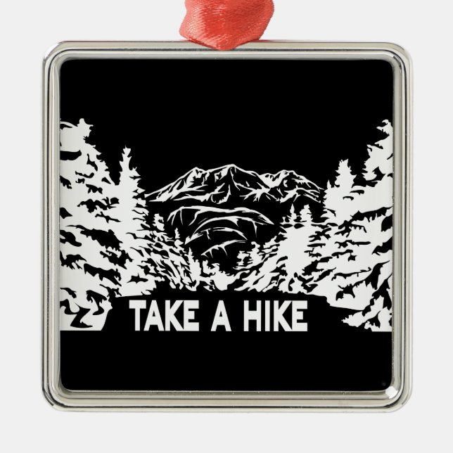 Take a Hike quote monochrome mountain landscape Metal Ornament (Front)